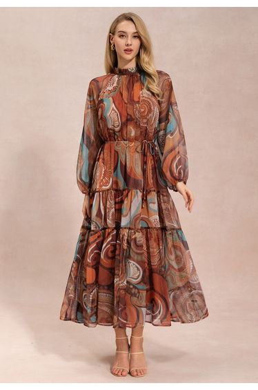 Amber Abstract Floral Puff Sleeve Frilling Maxi Dress for Art Fairs & Sunset Dinners