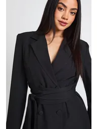 Obi Tie Waist Tailored Blazer Dress - black - 3