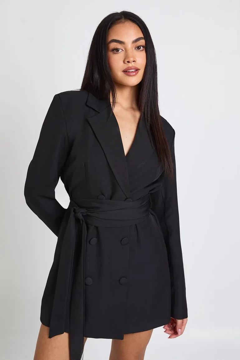 Obi Tie Waist Tailored Blazer Dress - black - 1