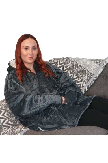 Ribbon Unisex Adult Eskimo Heated Blanket Hoodie - Grey