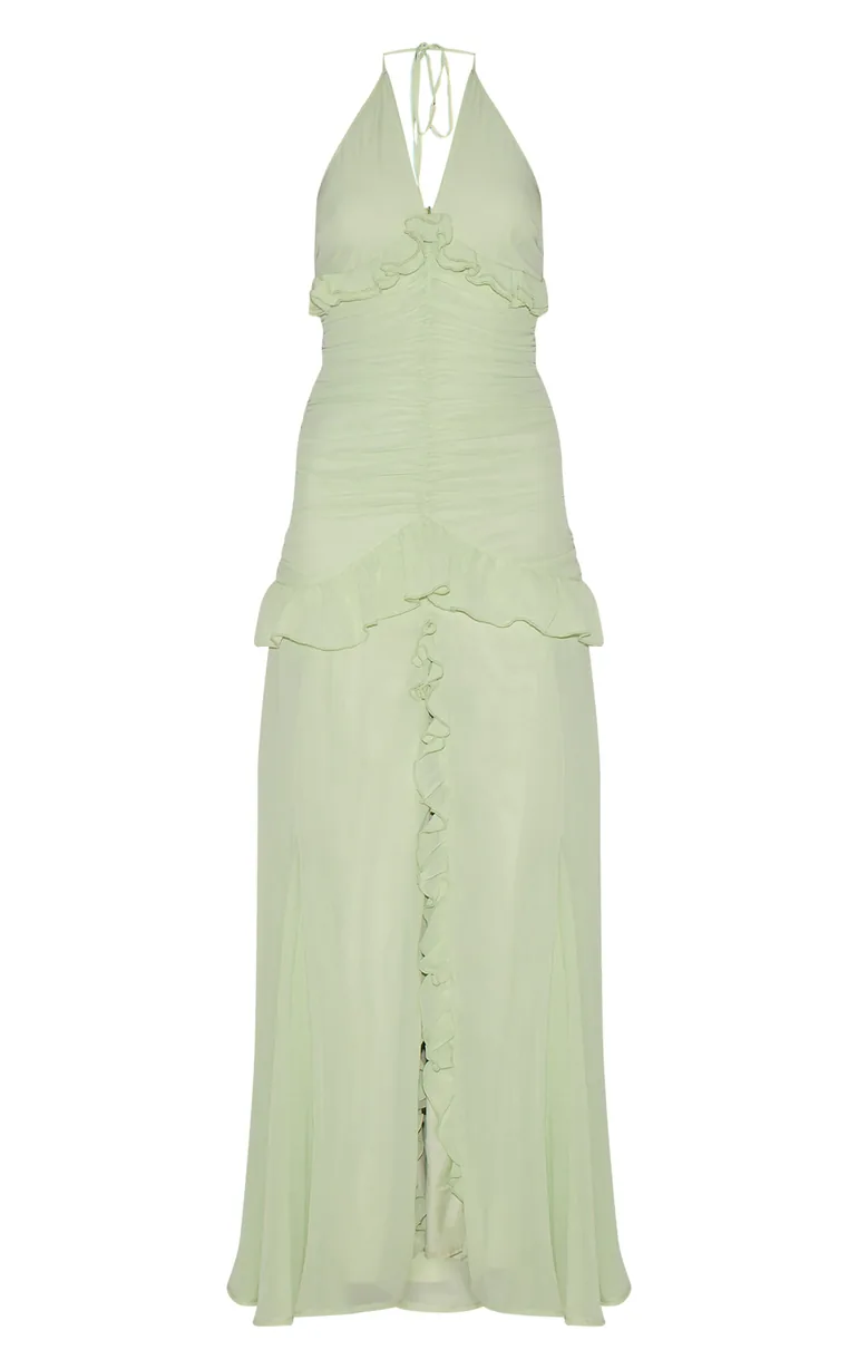 Sage Green Ruched Frill Halterneck Maxi Dress Prettylittlething Green :  Evening Dresses : VogaCloset Oman