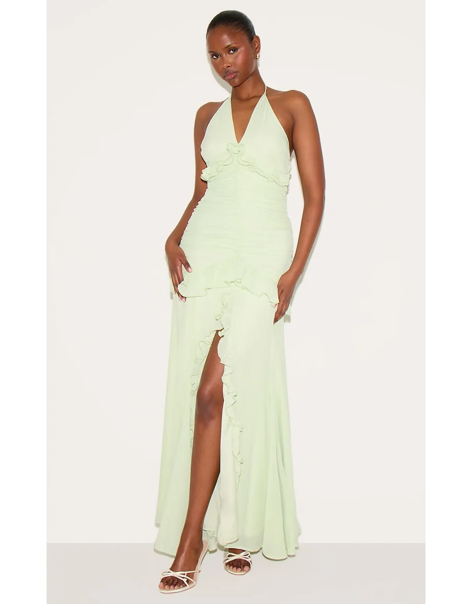 Sage Green Ruched Frill Halterneck Maxi Dress Prettylittlething Green :  Evening Dresses : VogaCloset Oman