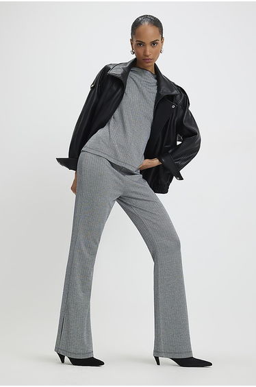 Grey Herringbone Flared Trousers