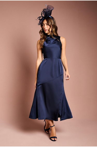 Cowl Neck Sleeveless Satin Midi Dress