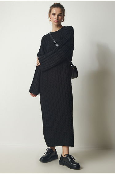 Women's Black Knit Detailed Thick Oversize Knitwear Dress