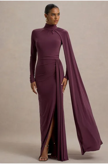 Anticipation | Burgundy High-Neck Maxi Dress With Front Split And Ruched Detailing