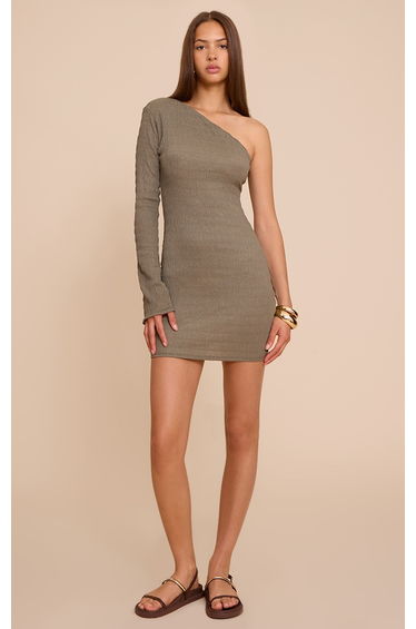 Khaki Textured One Shoulder Long Sleeve Bodycon Dress