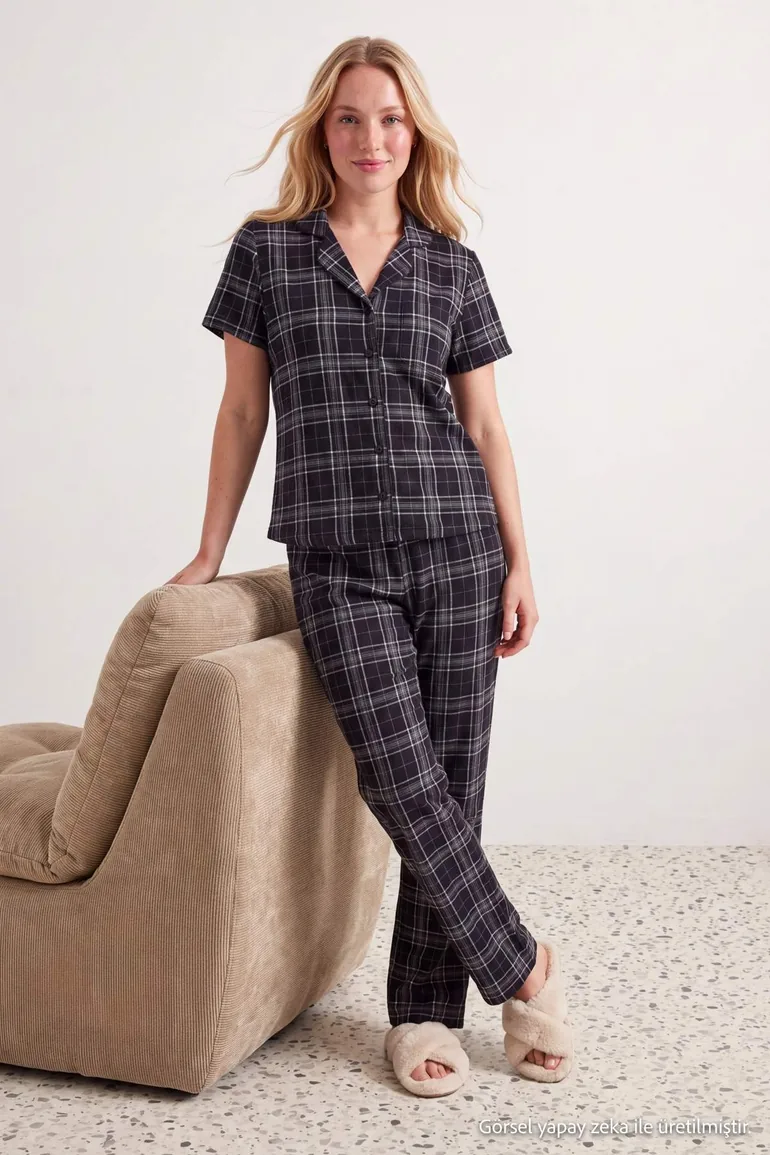 Black 100% Cotton Plaid Knitted Pajamas Set