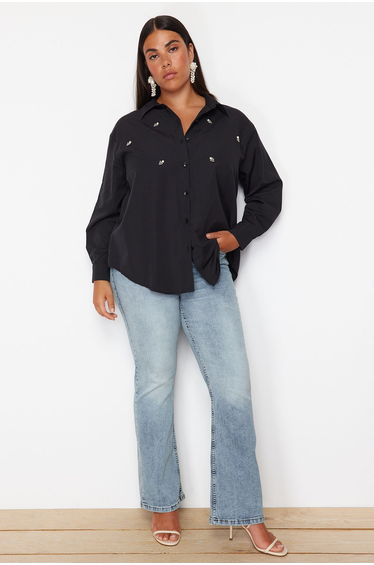 Black Large Size Stone Embroidered Poplin Woven Shirt