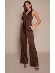 Chocolate Satin Tie Front Wide Leg Jumpsuit - 2