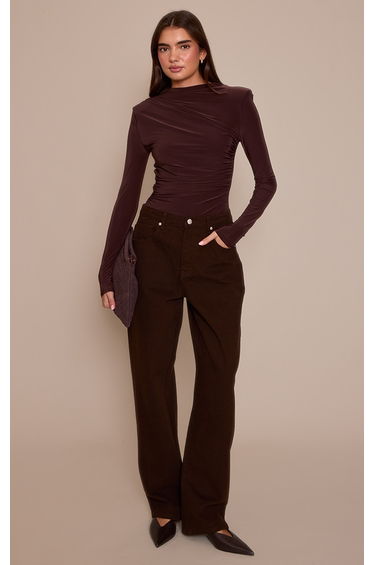 Deep Chocolate Double Layer Slinky Ruched Drape Detail Long Sleeve Bodysuit