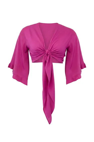Beachwear Pink Cropped Sleeve Ruffle Ruffled Double-Breasted Collar Blouse