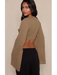 Khaki Cheesecloth Twist Plunge Flare Sleeve Top - 1