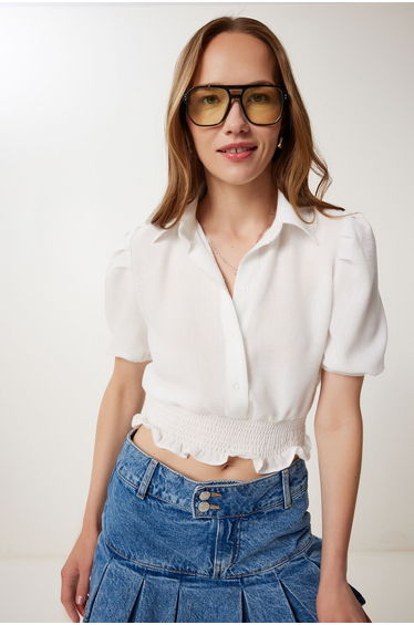 Women's Ecru Balloon Sleeve Linen Crop Shirt Blouse