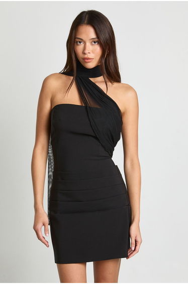 Mesh Fabric Mix Draped Mini Dress - black
