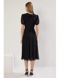 Black A-Line Collar Detailed Lined Chiffon Midi Woven Dress - 4