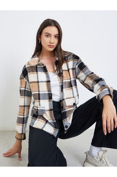Checked Button Front Lapel Neck Long Sleeve Coat