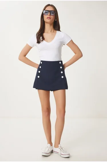 Women's Navy Blue Button Detailed Woven Shorts Skirt