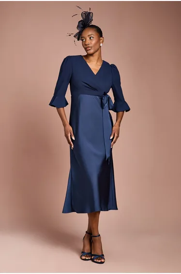 Ruffle Sleeve Satin Back Crepe Wrap Dress