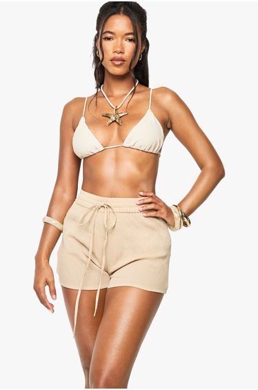 Crinkle Cotton Beach Shorts - beige