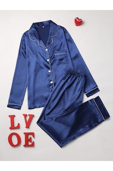 Women Navy Blue Long Sleeve Shirt and Pyjama Set