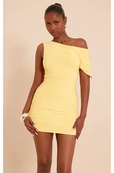 Lemon Double Layer Slinky Ruched Drape Detail Mini Dress