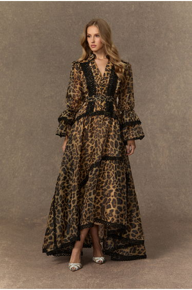 Exotic Appeal Brown Leopard Print Lace Trim Maxi Dress