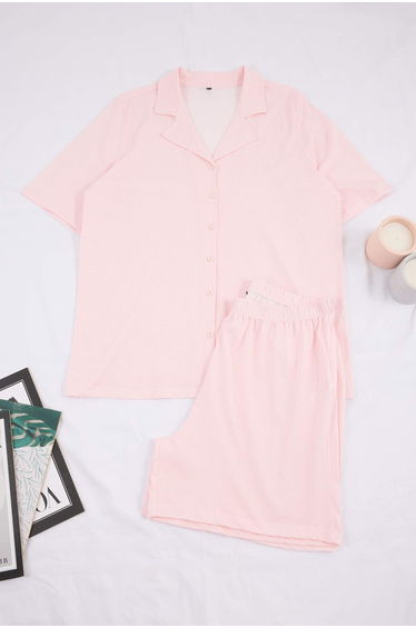 Pink Patterned Shirt Collar Knitted Large Size Pajama Set