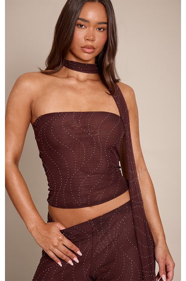 Dark Brown Hot Fix Mesh Scarf Bandeau Top