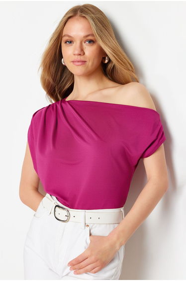 Fuchsia Regular/Normal Fit Asymmetric Collar Zero Sleeve Flexible Knitted Blouse