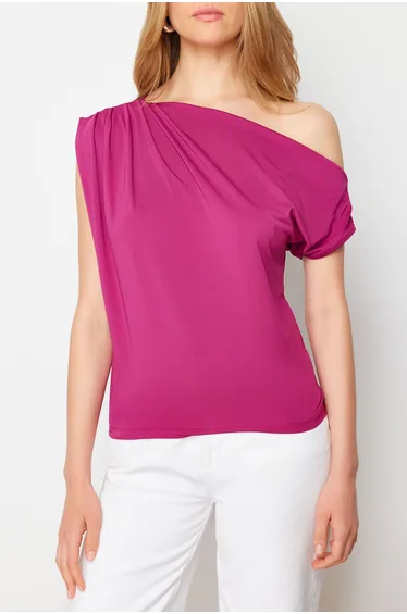 Fuchsia Regular/Normal Fit Asymmetric Collar Zero Sleeve Flexible Knitted Blouse