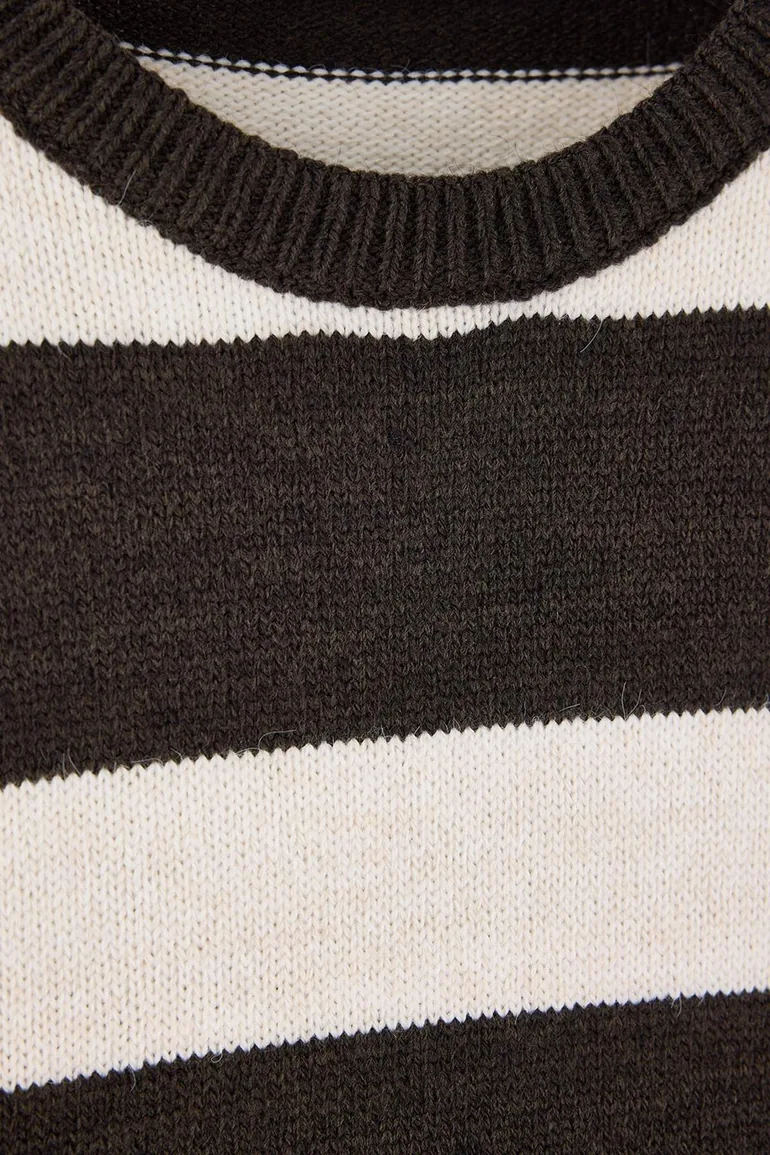 Brown-Ecru Regular Fit Striped Thick Knitwear Sweater - 7