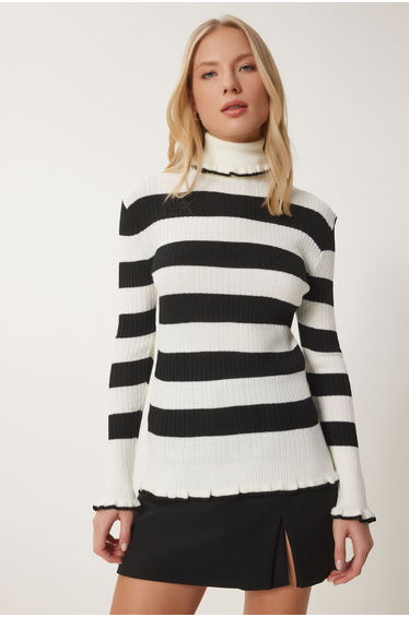 Women's Ecru Black Turtleneck Ruffle Striped Knitwear Sweater