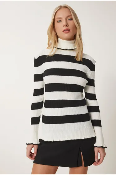 Women's Ecru Black Turtleneck Ruffle Striped Knitwear Sweater