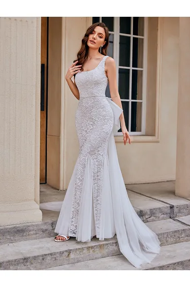 U-Neck Sleeveless Bodycon Fishtail Floor-Length Bridal Dress
