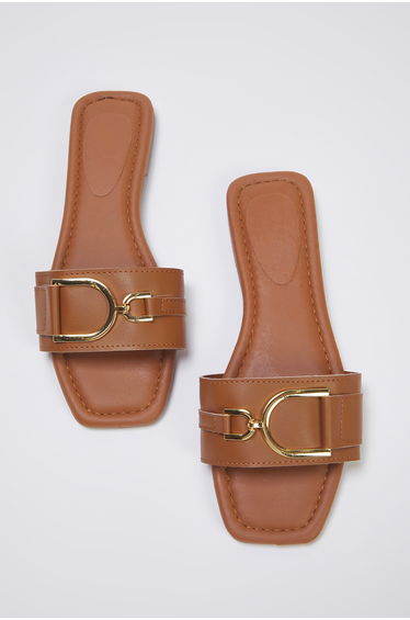 Tan Women's Slippers with Metal Accessory Detail
