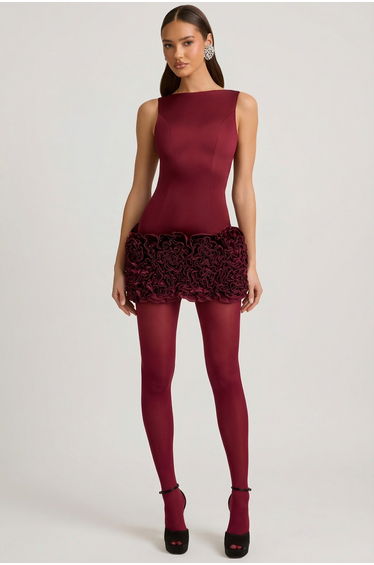 Appliqué Open-Back Mini Dress in Wine Red