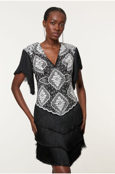 Petite Embellished Fringe Strappy Woven Mini Dress