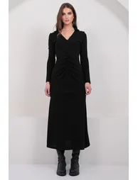 Women's Black V-Neck Drape Detailed Knitwear Dress - 3