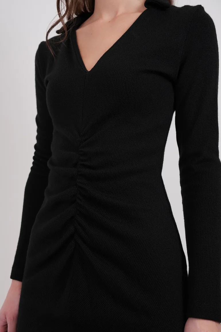 Women's Black V-Neck Drape Detailed Knitwear Dress - 5