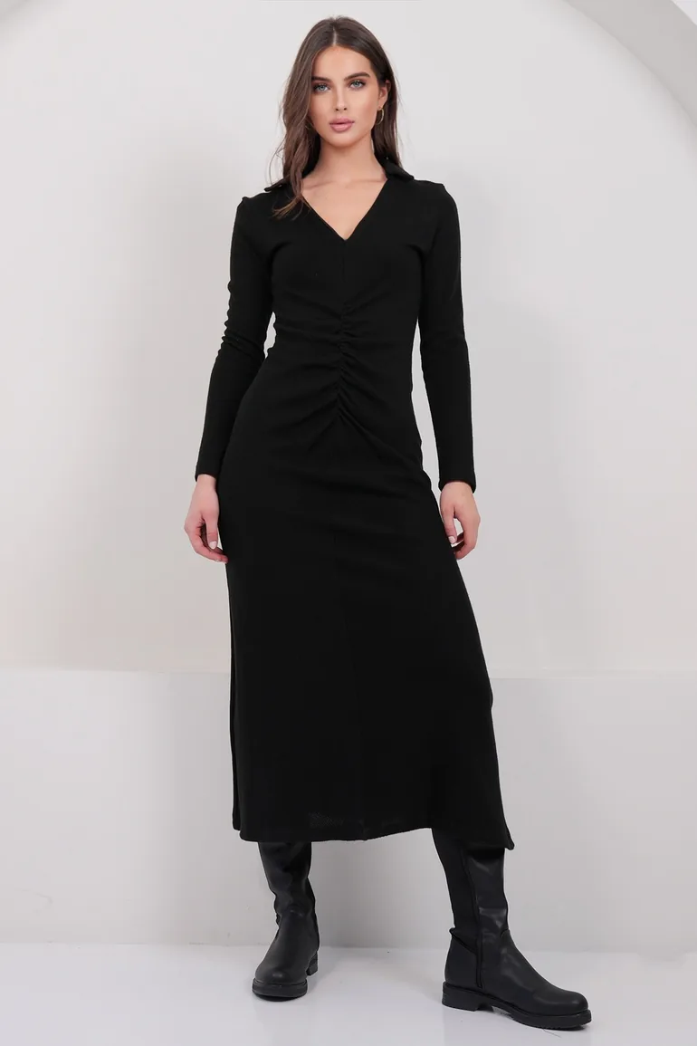 Women's Black V-Neck Drape Detailed Knitwear Dress