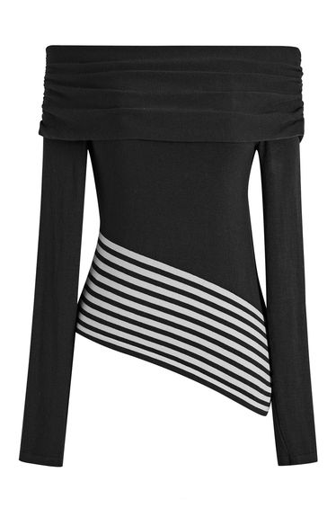 Flap Off-Shoulder Asymmetric Stripe Hem Knit Top in Black for Client Meetings & Creative Events