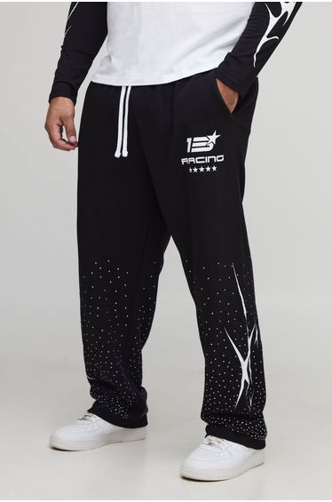 Plus Baggy Moto Print Rhinestone Embellished Joggers - black