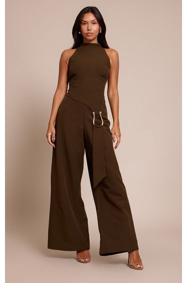 Khaki Woven Belt Trim Detail Straight Leg Jumpsuit