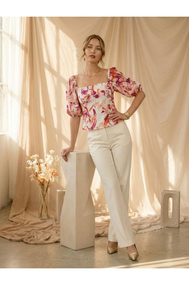 White Square Neck Printed Top