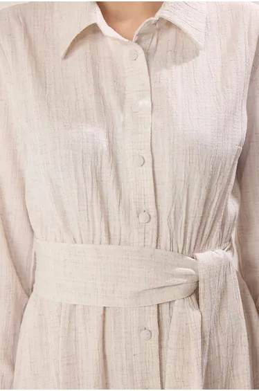 Beige Belted Woven Shirt Dress