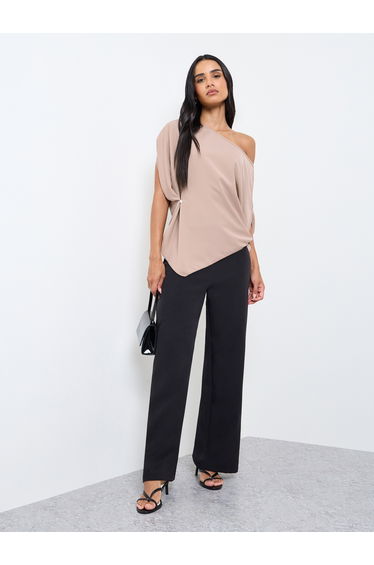 Beige One-Shoulder Neck Relaxed Fit Top