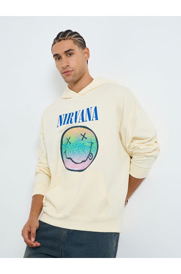 Men Cream Nirvana Graphic Oversized Hoodie