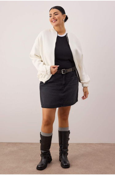 Ecru bomber collar oversize/wide fit front zippered large size sweatshirt