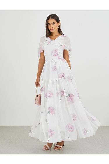 Floral Print A-Line Maxi Dress with Gathers